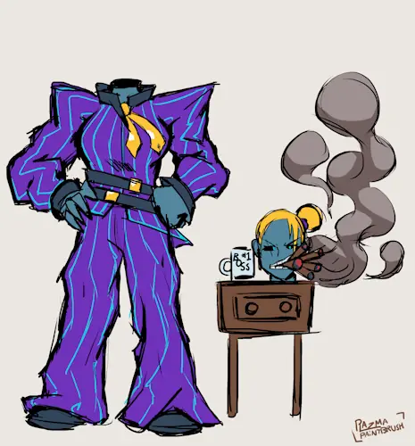 A dark blue skinned woman in a suit is standing with her hands on her hips. Her suit is purple with thin cyan stripes, gold belt buckles, and 2 gold ties. Also her head is detached and on a small cupboard next to a mug that reads '#1 BOSS' while she smokes 5 cigars at once, with rising smoke.